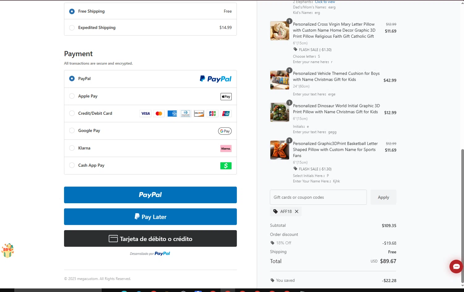 MegaCustom promo code screenshot showing code AFF18 applied at MegaCustom checkout page. Uploaded by SimplyCodes community member RewardWarden8289 on Dec 20, 2025