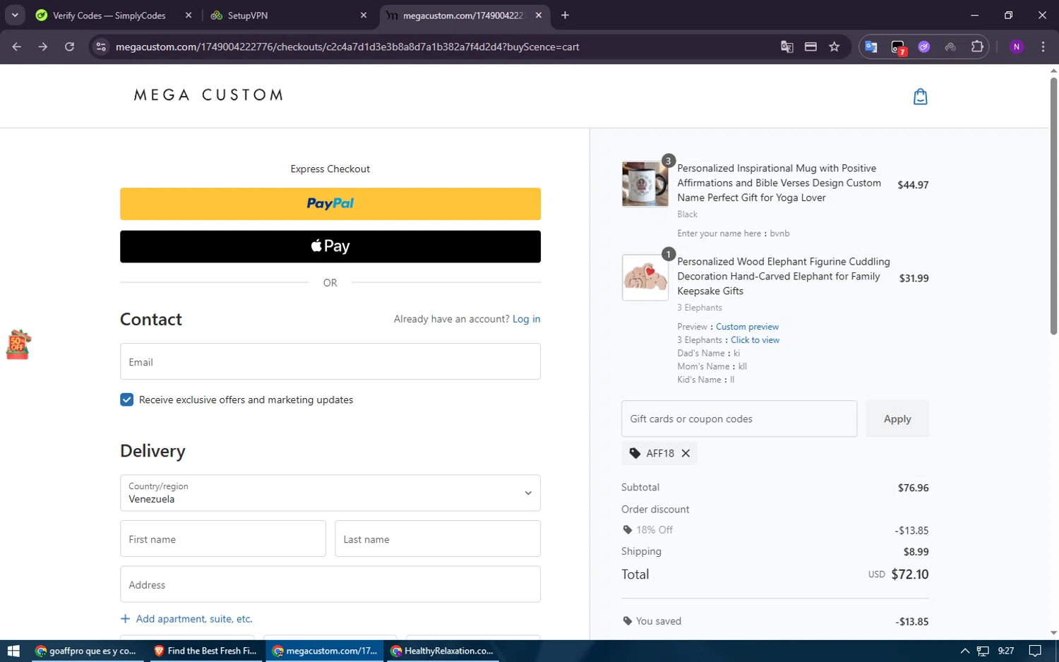 MegaCustom checkout page showing MegaCustom promo code box | Screenshot taken by SimplyCodes community member on Dec 20, 2025