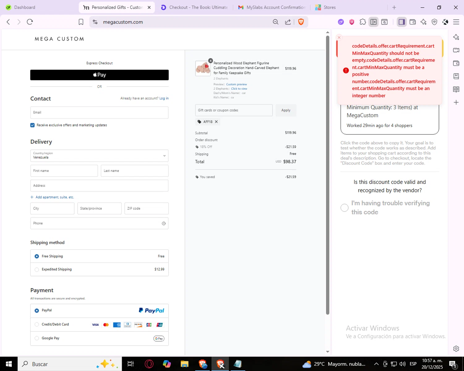 MegaCustom promo code screenshot showing code AFF18 applied at MegaCustom checkout page. Uploaded by SimplyCodes community member carlosdgomez on Dec 20, 2025