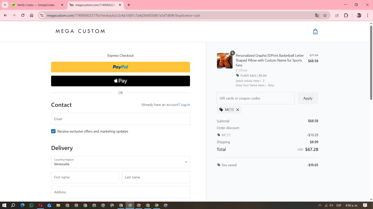 MegaCustom promo code screenshot showing code MC15 applied at MegaCustom checkout page. Uploaded by SimplyCodes community member DavGutFig on Nov 19, 2025