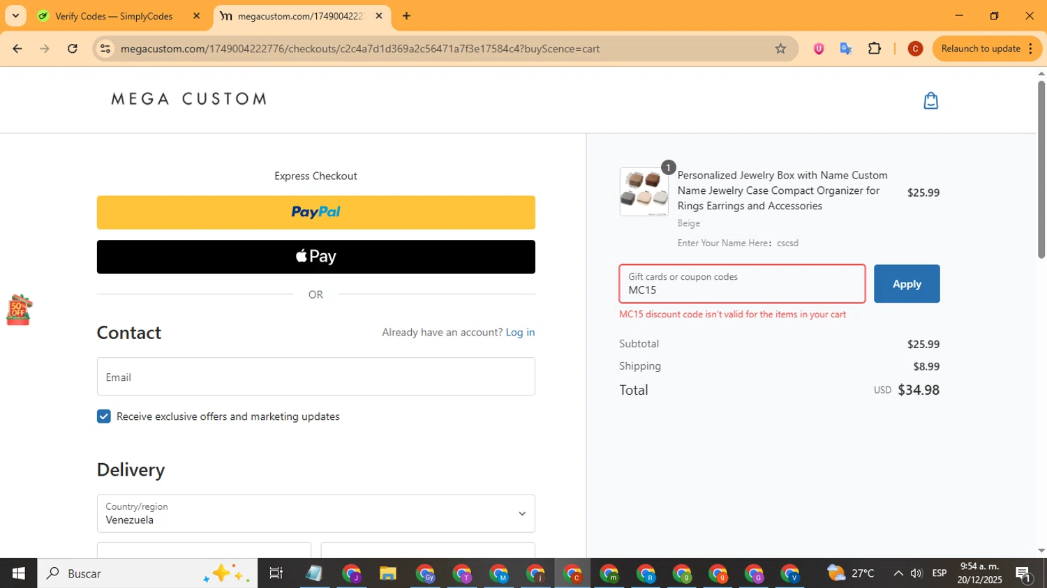 MegaCustom promo code screenshot showing code MC15 applied at MegaCustom checkout page. Uploaded by SimplyCodes community member Playstatiton2 on Dec 20, 2025