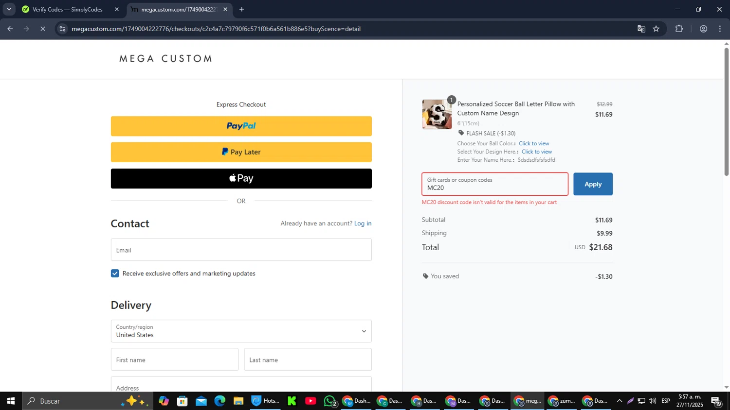 MegaCustom promo code screenshot showing code MC20 applied at MegaCustom checkout page. Uploaded by SimplyCodes community member MoneyPilot9165 on Nov 27, 2025
