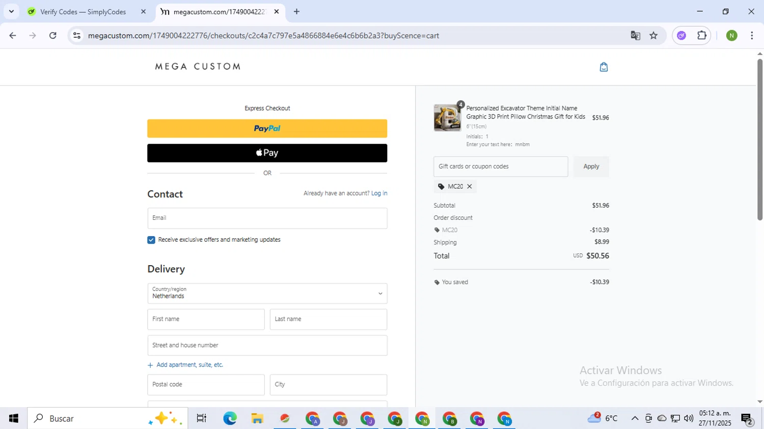 MegaCustom promo code screenshot showing code MC20 applied at MegaCustom checkout page. Uploaded by SimplyCodes community member TokenMaverick6956 on Nov 27, 2025