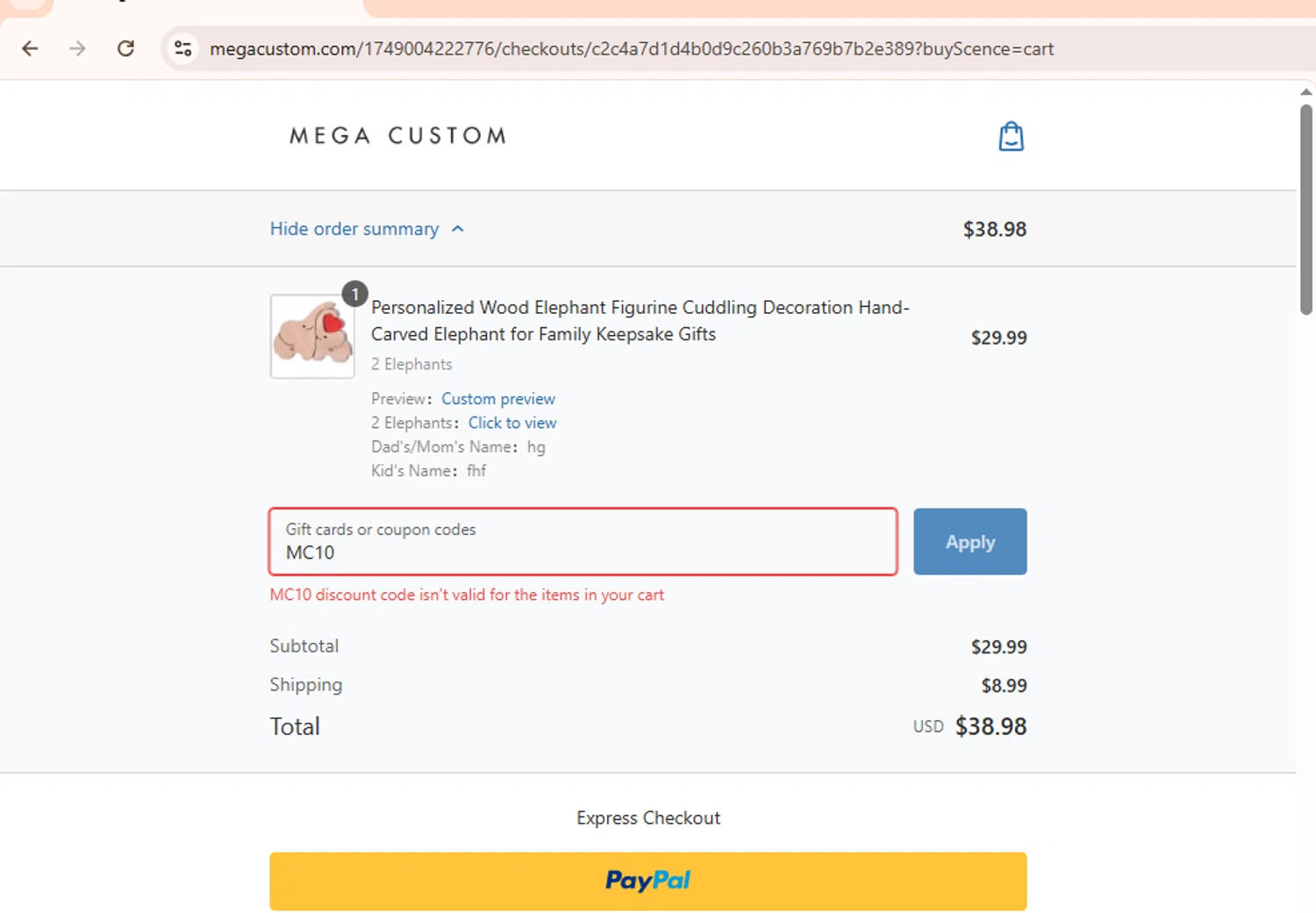 MegaCustom promo code screenshot showing code MC10 applied at MegaCustom checkout page. Uploaded by SimplyCodes community member LegendaryHunter6399 on Dec 20, 2025