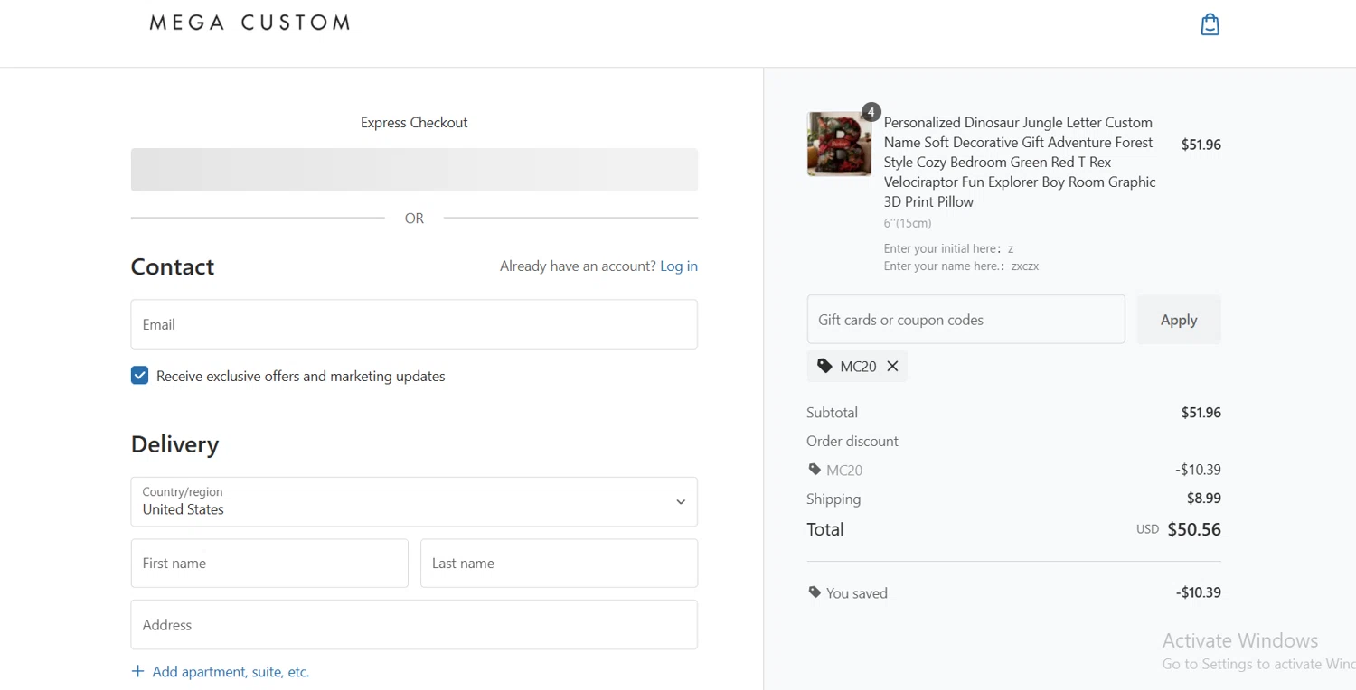 MegaCustom promo code screenshot showing code MC20 applied at MegaCustom checkout page. Uploaded by SimplyCodes community member Lioniel on Nov 19, 2025