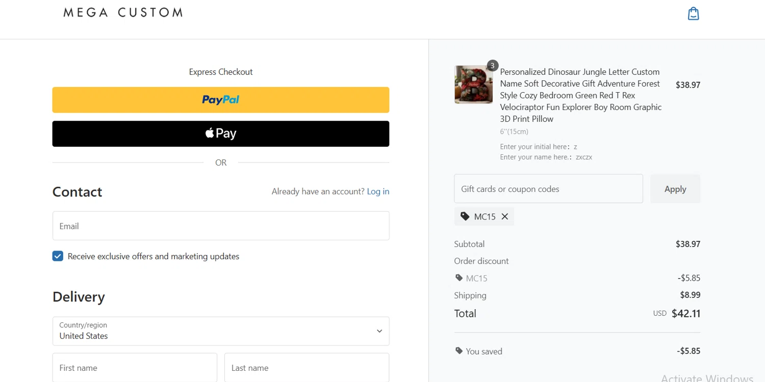 MegaCustom promo code screenshot showing code MC15 applied at MegaCustom checkout page. Uploaded by SimplyCodes community member Lioniel on Nov 19, 2025