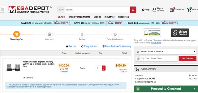 MegaDepot checkout page showing MegaDepot coupon code box | Screenshot taken by SimplyCodes community member on May 23, 2025