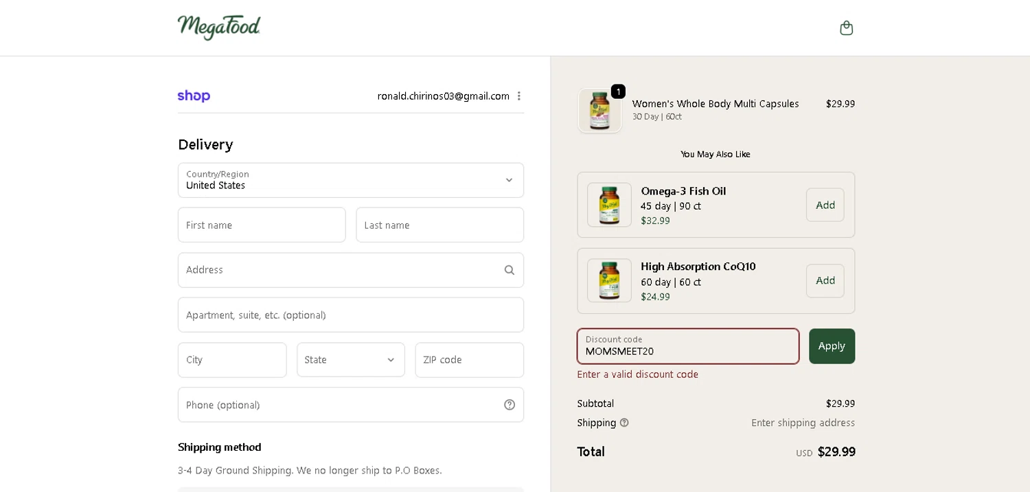 MegaFood promo code screenshot showing code MOMSMEET20 applied at MegaFood checkout page. Uploaded by SimplyCodes community member CleverGenius9882 on Jan 14, 2026