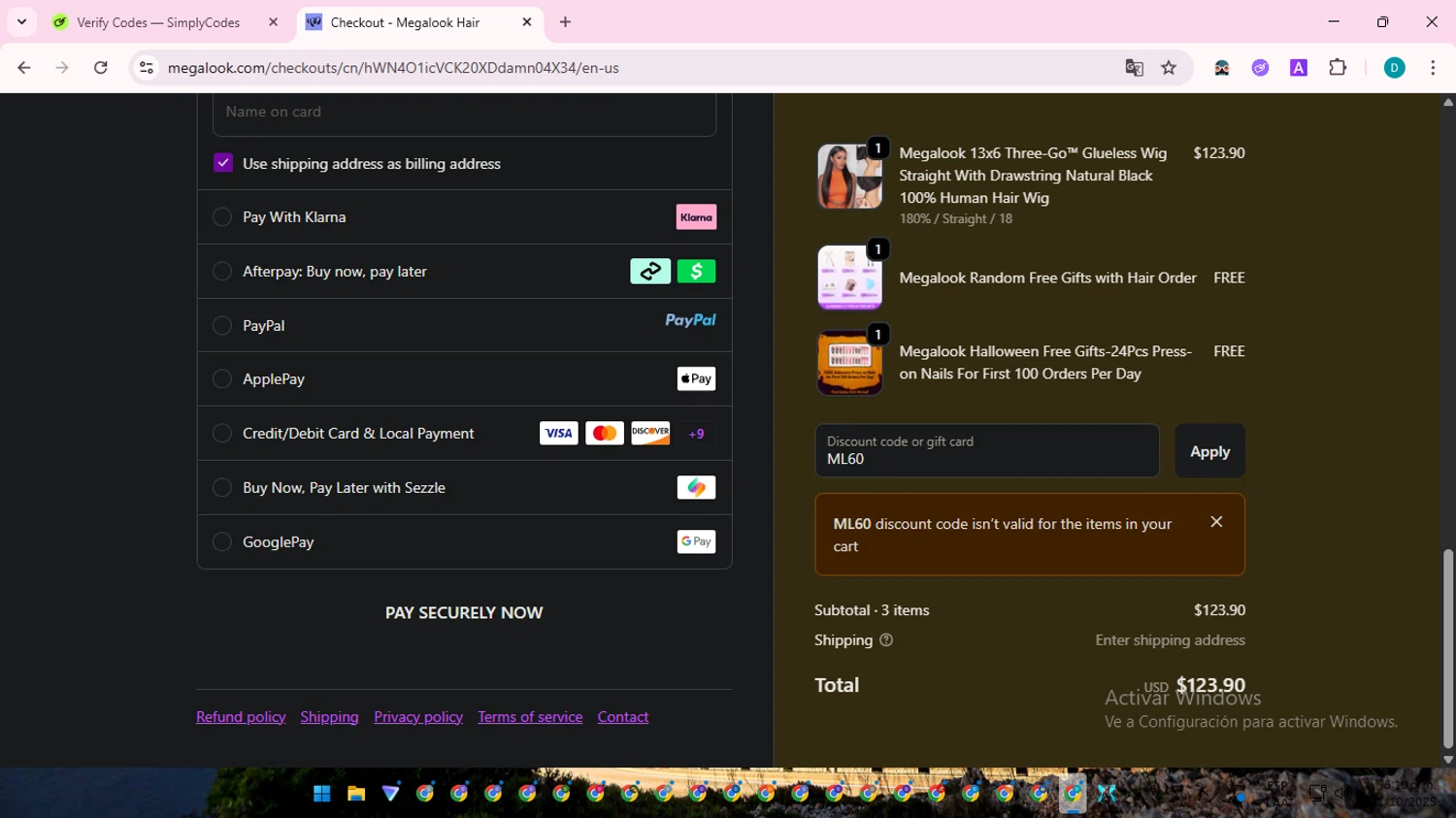 Megalook Hair discount code screenshot showing code ML60 applied at Megalook Hair checkout page. Uploaded by SimplyCodes community member ShrewdTracker5871 on Oct 21, 2025