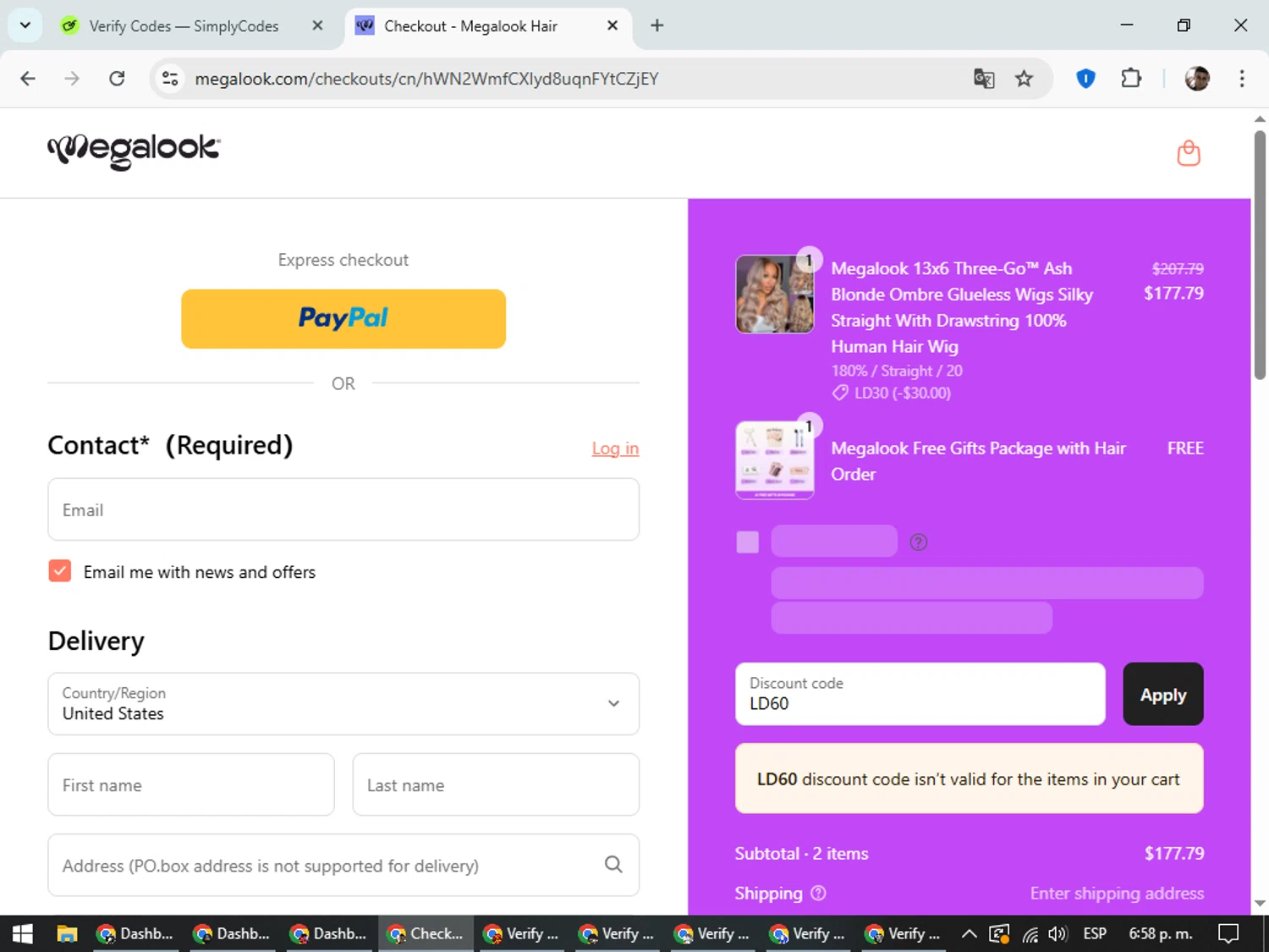 Megalook Hair discount code screenshot showing code LD60 applied at Megalook Hair checkout page. Uploaded by SimplyCodes community member DiscountSeeker682 on Sep 2, 2025