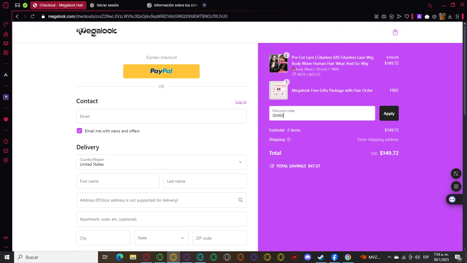 Megalook Hair discount code screenshot showing code GM60 applied at Megalook Hair checkout page. Uploaded by SimplyCodes community member Pikachu on Jan 30, 2025