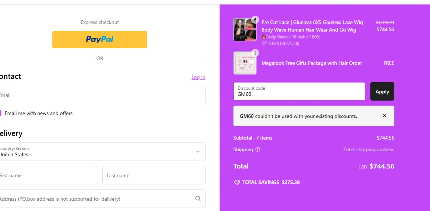 Megalook Hair discount code screenshot showing code GM60 applied at Megalook Hair checkout page. Uploaded by SimplyCodes community member avatar on Jan 30, 2025