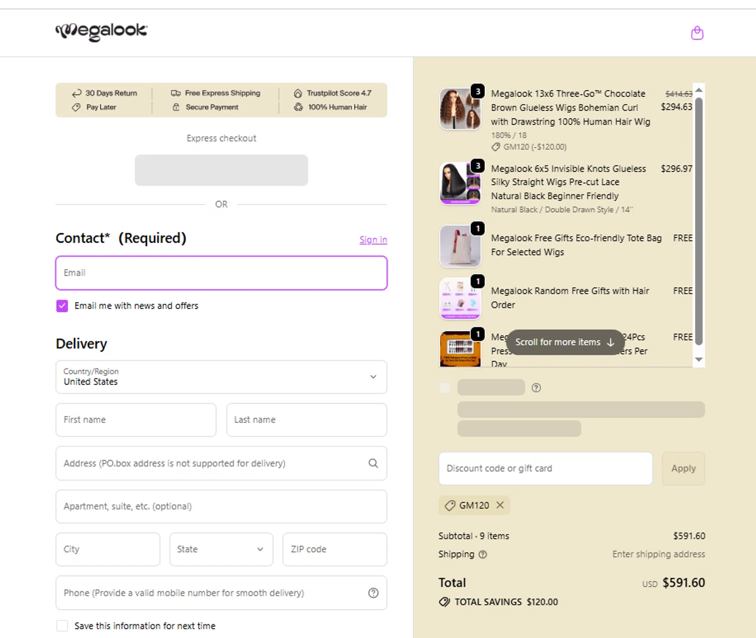 Megalook Hair discount code screenshot showing code GM120 applied at Megalook Hair checkout page. Uploaded by SimplyCodes community member Volibear on Oct 17, 2025