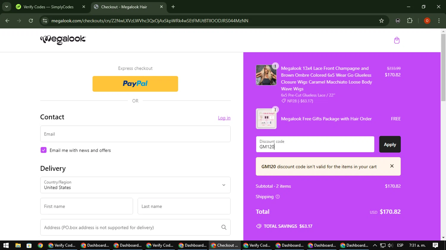Megalook Hair discount code screenshot showing code GM120 applied at Megalook Hair checkout page. Uploaded by SimplyCodes community member CleverSpotter3730 on Jan 30, 2025