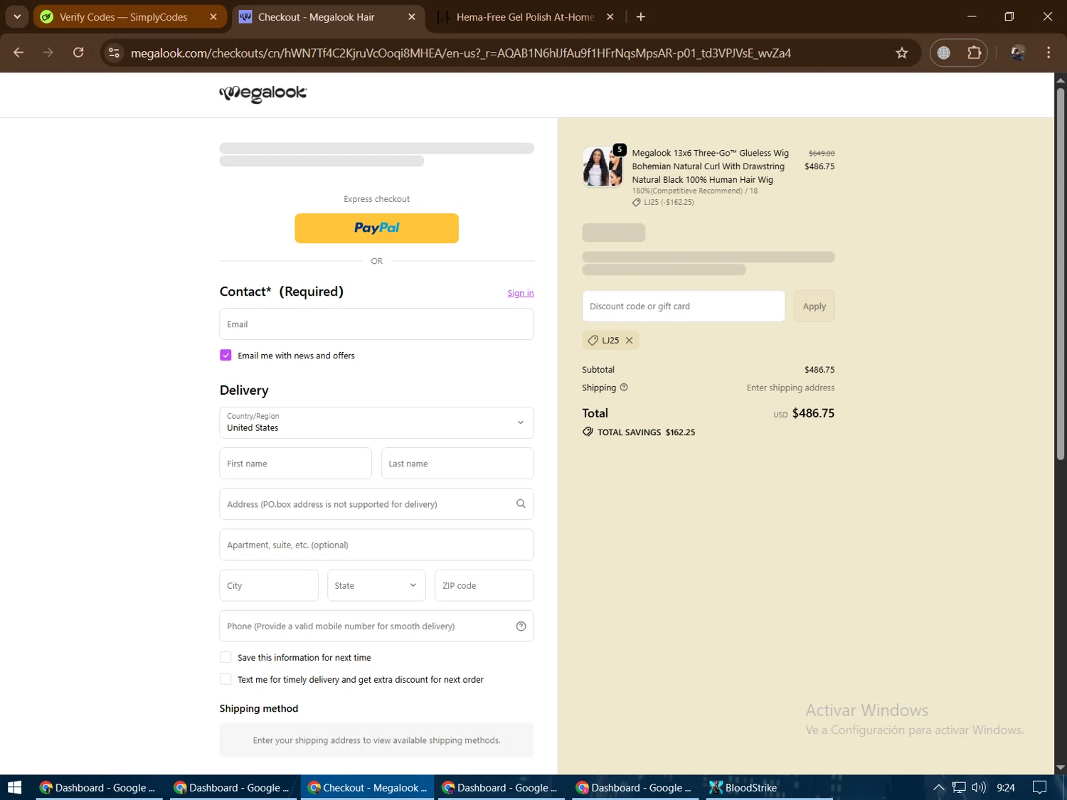 Megalook Hair checkout page showing Megalook Hair discount code box | Screenshot taken by SimplyCodes community member on Jan 11, 2026