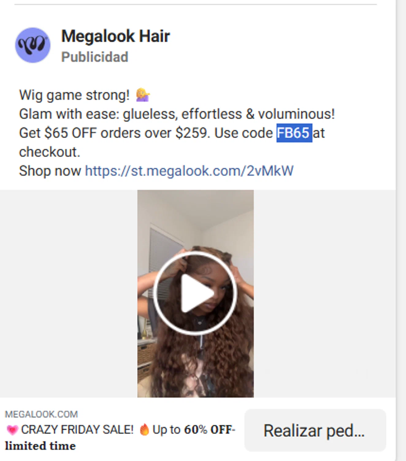 Megalook Hair discount code screenshot showing code FB65 applied at Megalook Hair checkout page. Uploaded by SimplyCodes community member antonietarodriguez96 on Dec 14, 2025