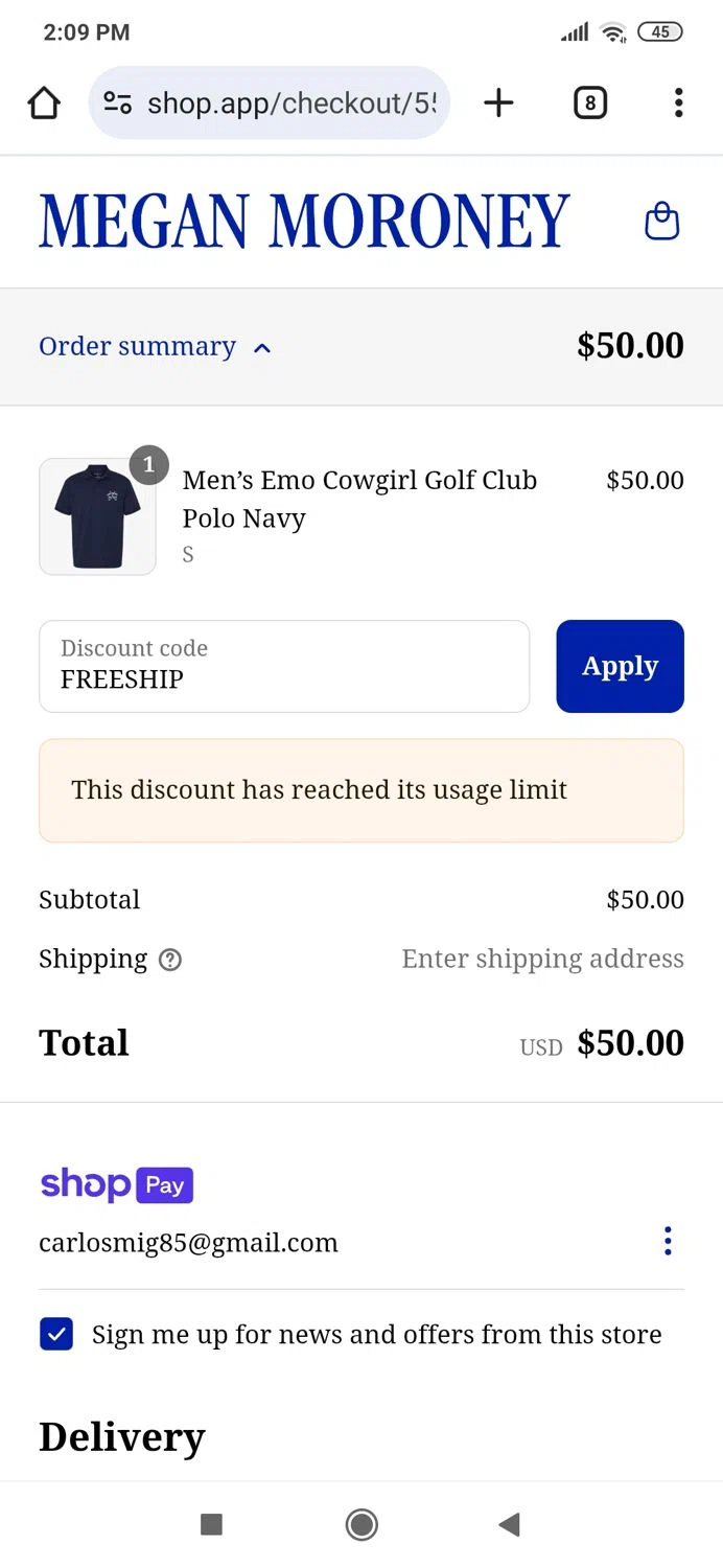 Megan Moroney discount code screenshot showing code FREESHIP applied at Megan Moroney checkout page. Uploaded by SimplyCodes community member MightyBoss9975 on Jun 26, 2025