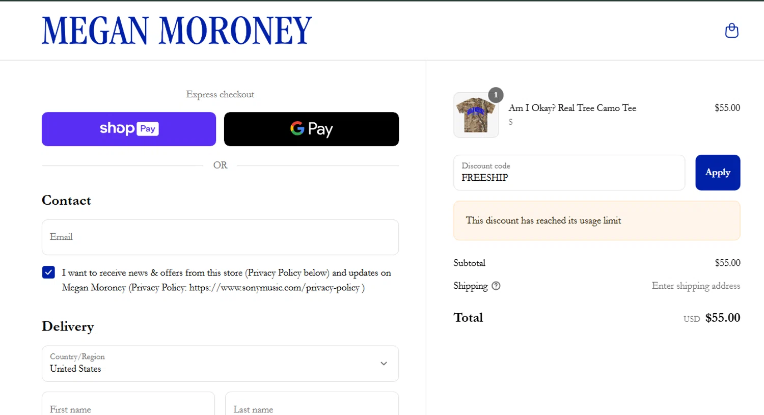 Megan Moroney discount code screenshot showing code FREESHIP applied at Megan Moroney checkout page. Uploaded by SimplyCodes community member Sanemi on Jun 26, 2025