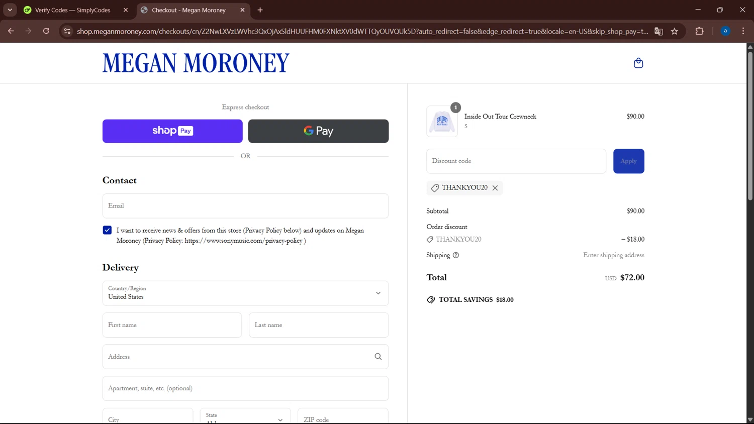 Megan Moroney discount code screenshot showing code THANKYOU20 applied at Megan Moroney checkout page. Uploaded by SimplyCodes community member WiseHero7115 on May 30, 2025