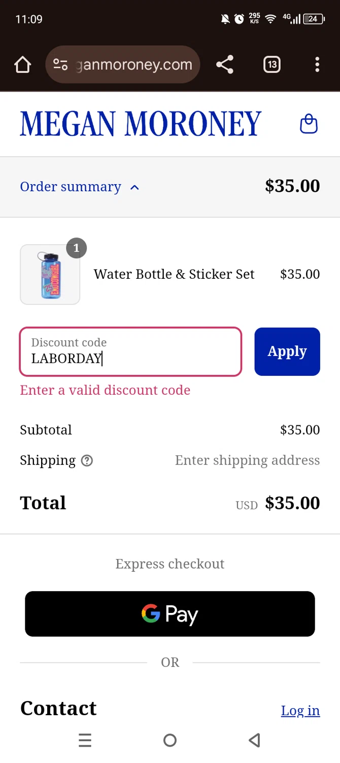 Megan Moroney discount code screenshot showing code LABORDAY applied at Megan Moroney checkout page. Uploaded by SimplyCodes community member Olivatle on Sep 4, 2025