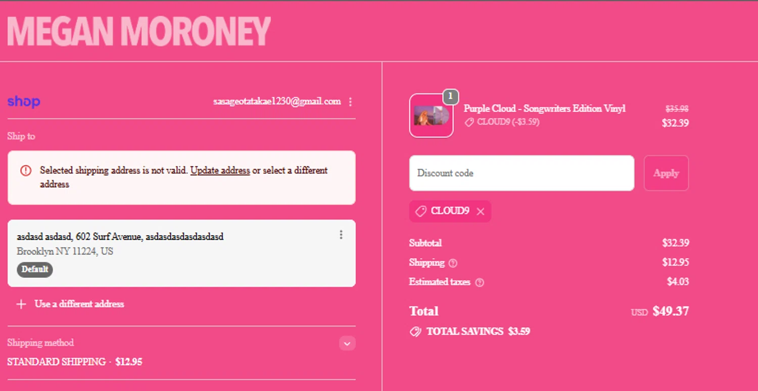 Megan Moroney checkout page showing Megan Moroney discount code box | Screenshot taken by SimplyCodes community member on Feb 13, 2026