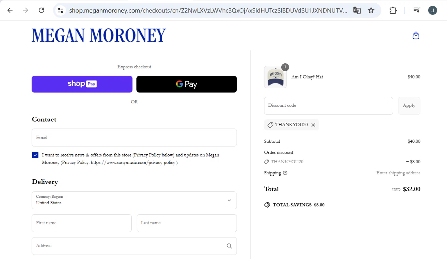 Megan Moroney discount code screenshot showing code THANKYOU20 applied at Megan Moroney checkout page. Uploaded by SimplyCodes community member BB9542251456527 on May 30, 2025