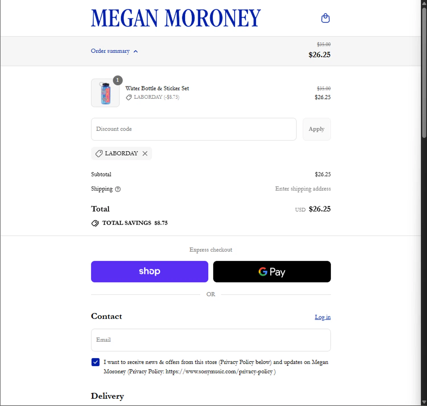 Megan Moroney discount code screenshot showing code LABORDAY applied at Megan Moroney checkout page. Uploaded by SimplyCodes community member PillarsofCreation on Aug 29, 2025