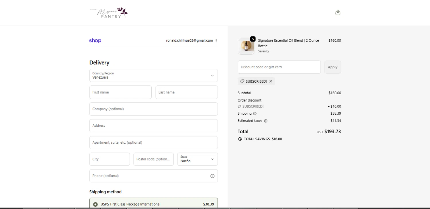 Megan's Pantry promo code screenshot showing code SUBSCRIBED! applied at Megan's Pantry checkout page. Uploaded by SimplyCodes community member GoldAce6962 on Oct 28, 2025