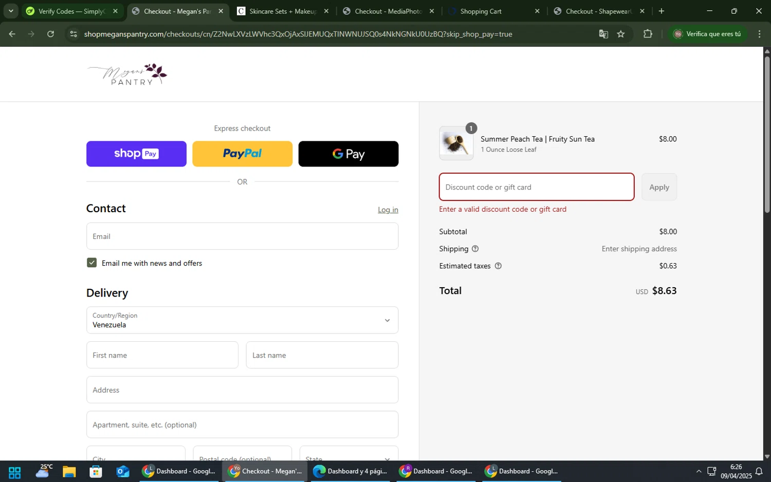 Megan's Pantry promo code screenshot showing code SAM applied at Megan's Pantry checkout page. Uploaded by SimplyCodes community member ElCazarecompensas on Apr 9, 2025