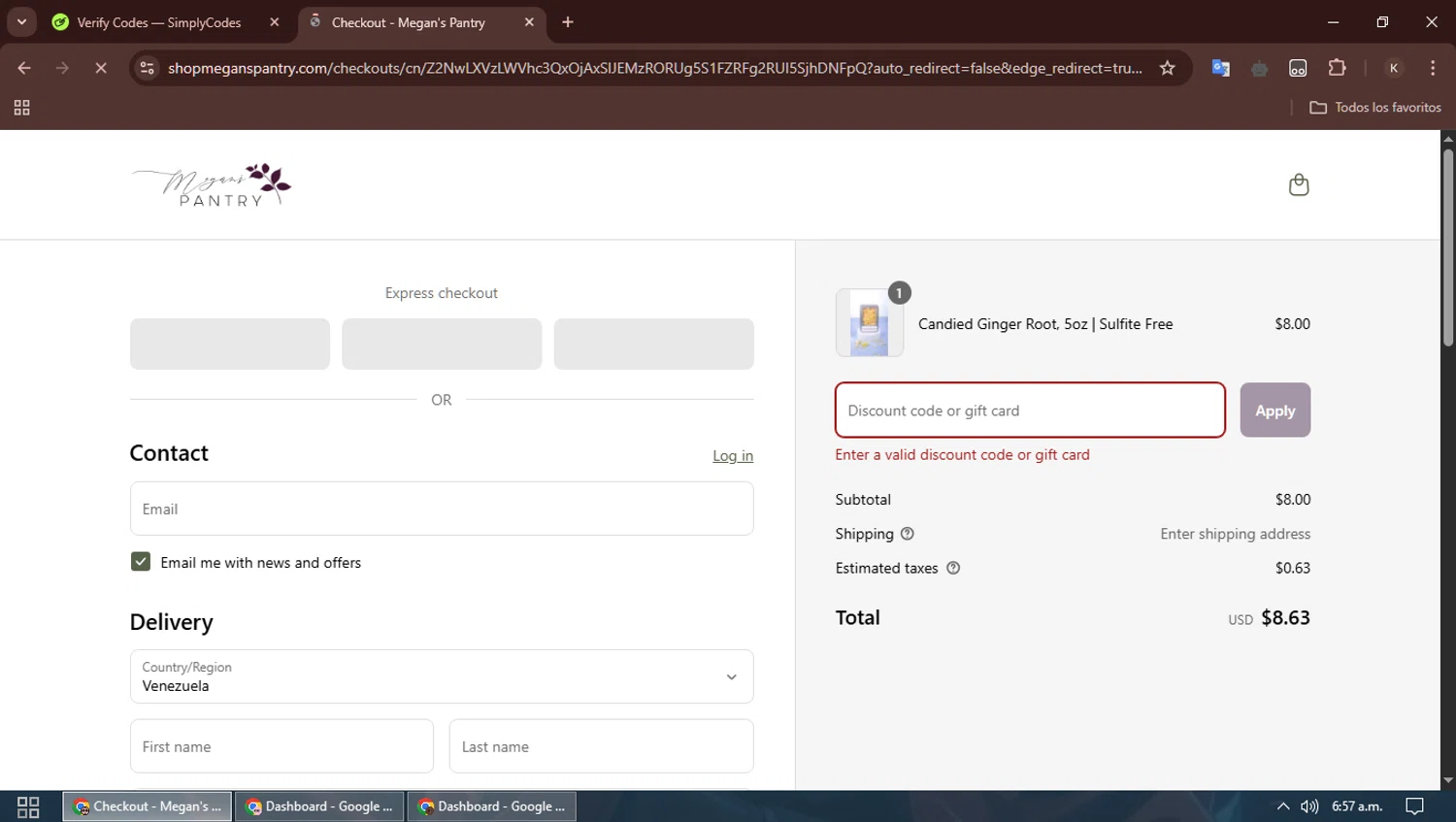 Megan's Pantry promo code screenshot showing code SAM applied at Megan's Pantry checkout page. Uploaded by SimplyCodes community member SavingsBoss991 on Apr 9, 2025