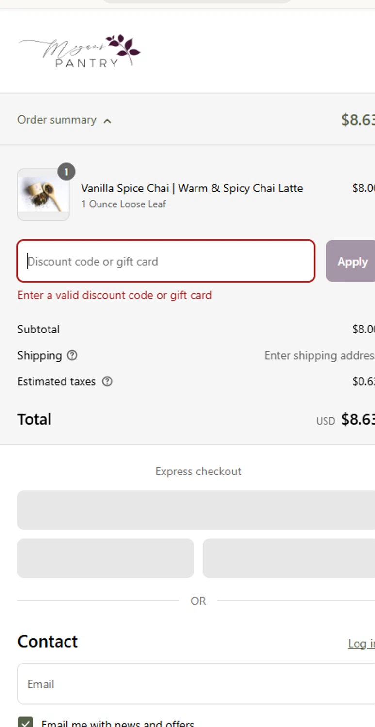 Megan's Pantry promo code screenshot showing code SAM applied at Megan's Pantry checkout page. Uploaded by SimplyCodes community member CouponSpotter227 on Apr 9, 2025