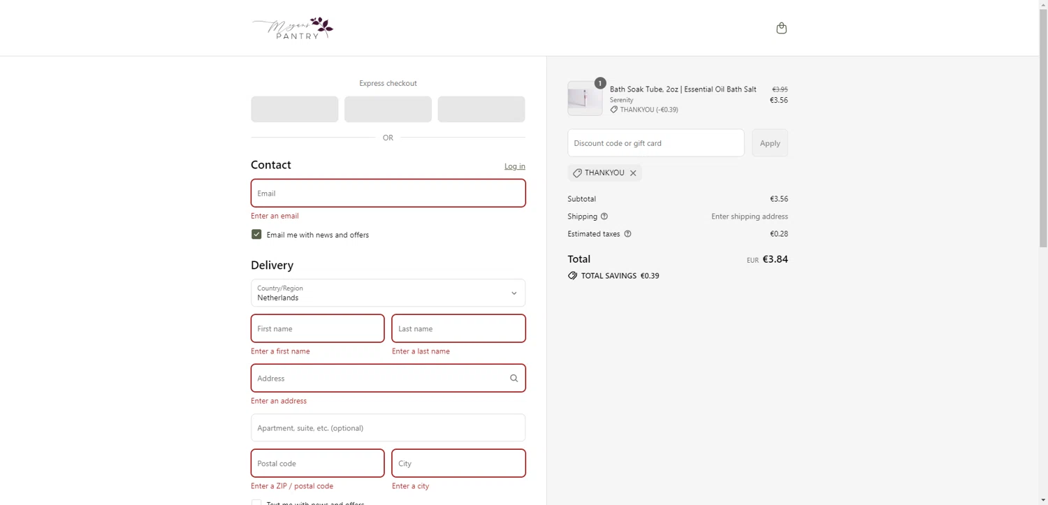 Megan's Pantry promo code screenshot showing code THANKYOU applied at Megan's Pantry checkout page. Uploaded by SimplyCodes community member SilverPioneer1110 on Jul 21, 2025