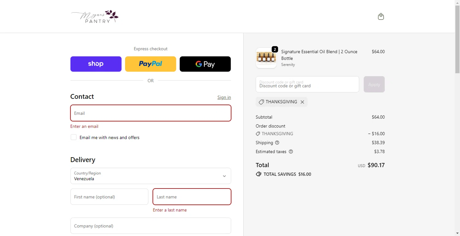 Megan's Pantry promo code screenshot showing code THANKSgiving applied at Megan's Pantry checkout page. Uploaded by SimplyCodes community member CodeFinder699 on Nov 27, 2025