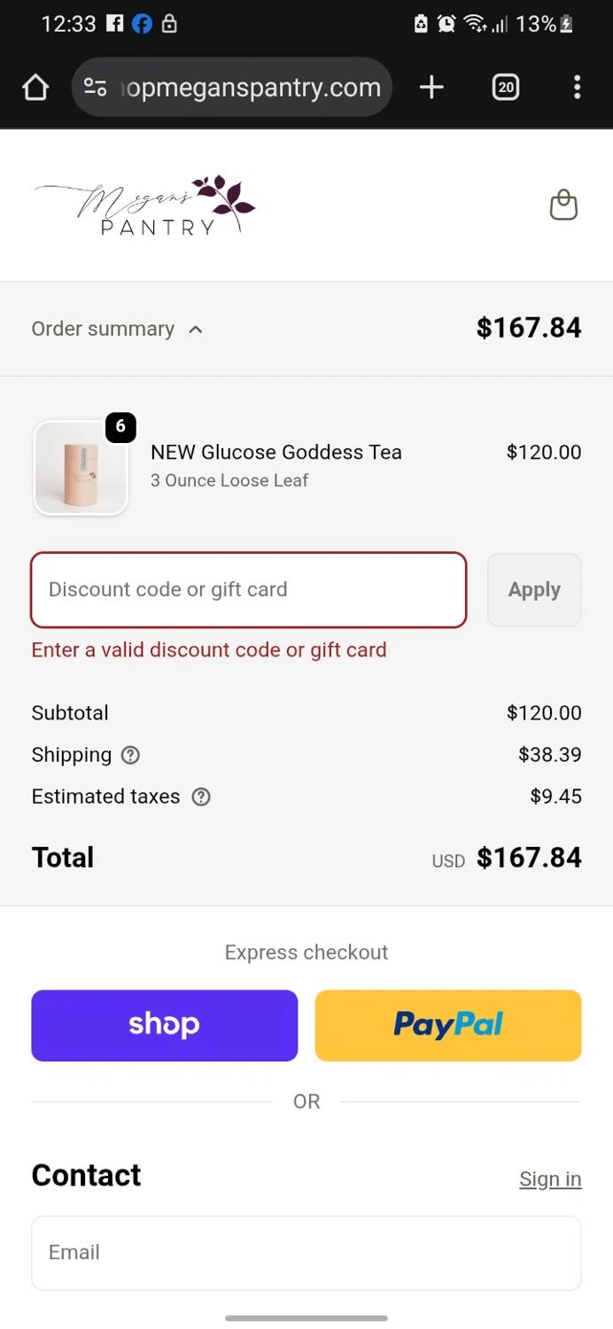 Megan's Pantry promo code screenshot showing code THANKSgiving applied at Megan's Pantry checkout page. Uploaded by SimplyCodes community member miguelcrast on Dec 6, 2025