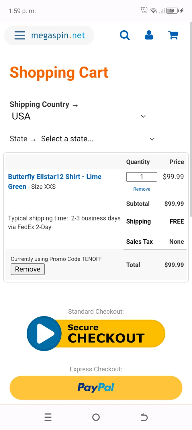 Megaspin promo code screenshot showing code TENOFF applied at Megaspin checkout page. Uploaded by SimplyCodes community member BonusChaser4306 on Jul 29, 2025
