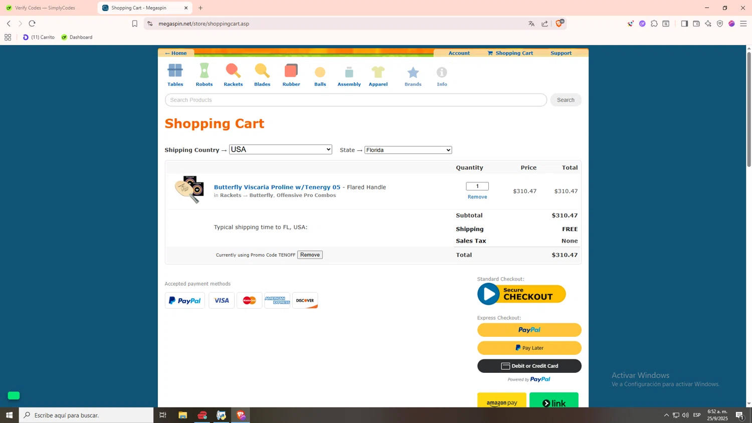 Megaspin promo code screenshot showing code TENOFF applied at Megaspin checkout page. Uploaded by SimplyCodes community member 12312121212 on Sep 25, 2025