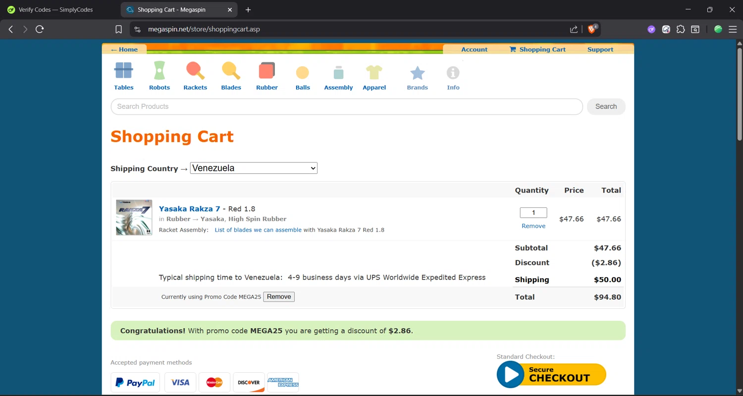 Megaspin promo code screenshot showing code MEGA25 applied at Megaspin checkout page. Uploaded by SimplyCodes community member Focus_123 on Nov 21, 2025