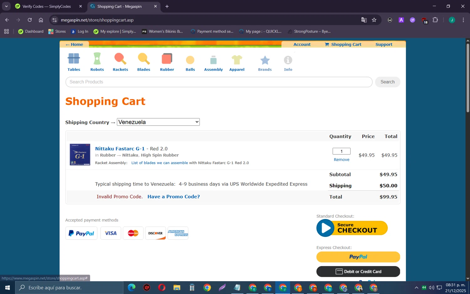 Megaspin promo code screenshot showing code BLACK25 applied at Megaspin checkout page. Uploaded by SimplyCodes community member SarayH on Dec 22, 2025