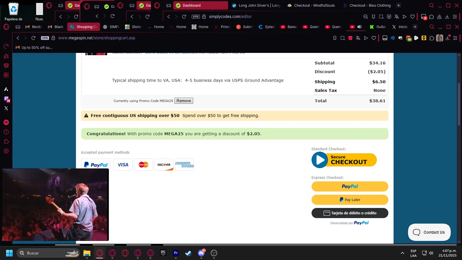 Megaspin promo code screenshot showing code MEGA25 applied at Megaspin checkout page. Uploaded by SimplyCodes community member Billyyou on Nov 21, 2025