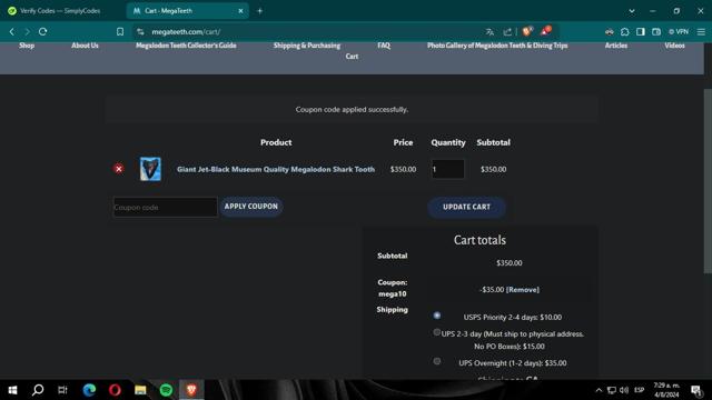 MegaTeeth checkout page showing MegaTeeth promo code box | Screenshot taken by SimplyCodes community member on Aug 4, 2024