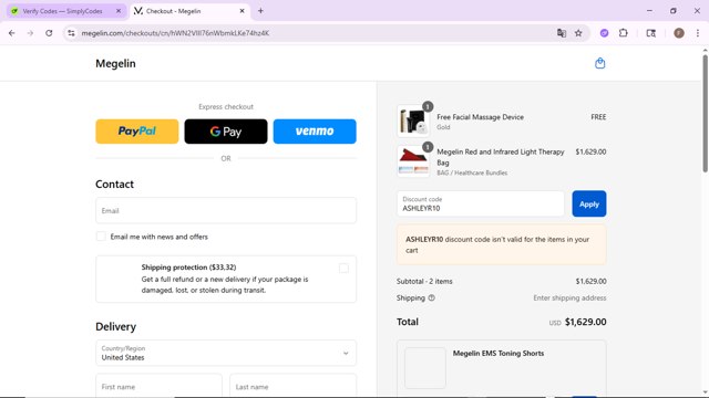 Megelin checkout page showing Megelin discount code box | Screenshot taken by SimplyCodes community member on Sep 2, 2025