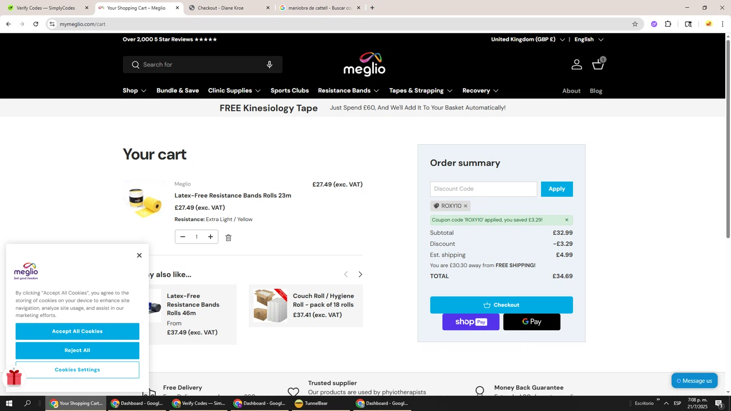 Meglio discount code screenshot showing code ROXY10 applied at Meglio checkout page. Uploaded by SimplyCodes community member Richard251 on Jul 21, 2025