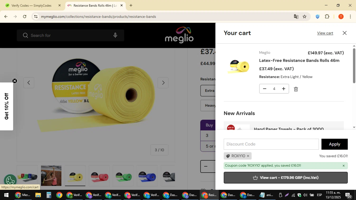 Meglio discount code screenshot showing code ROXY10 applied at Meglio checkout page. Uploaded by SimplyCodes community member ShrewdAce8338 on Dec 13, 2025