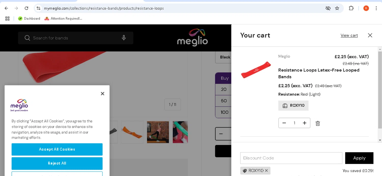 Meglio discount code screenshot showing code ROXY10 applied at Meglio checkout page. Uploaded by SimplyCodes community member rodolfocaraballo on Mar 27, 2025