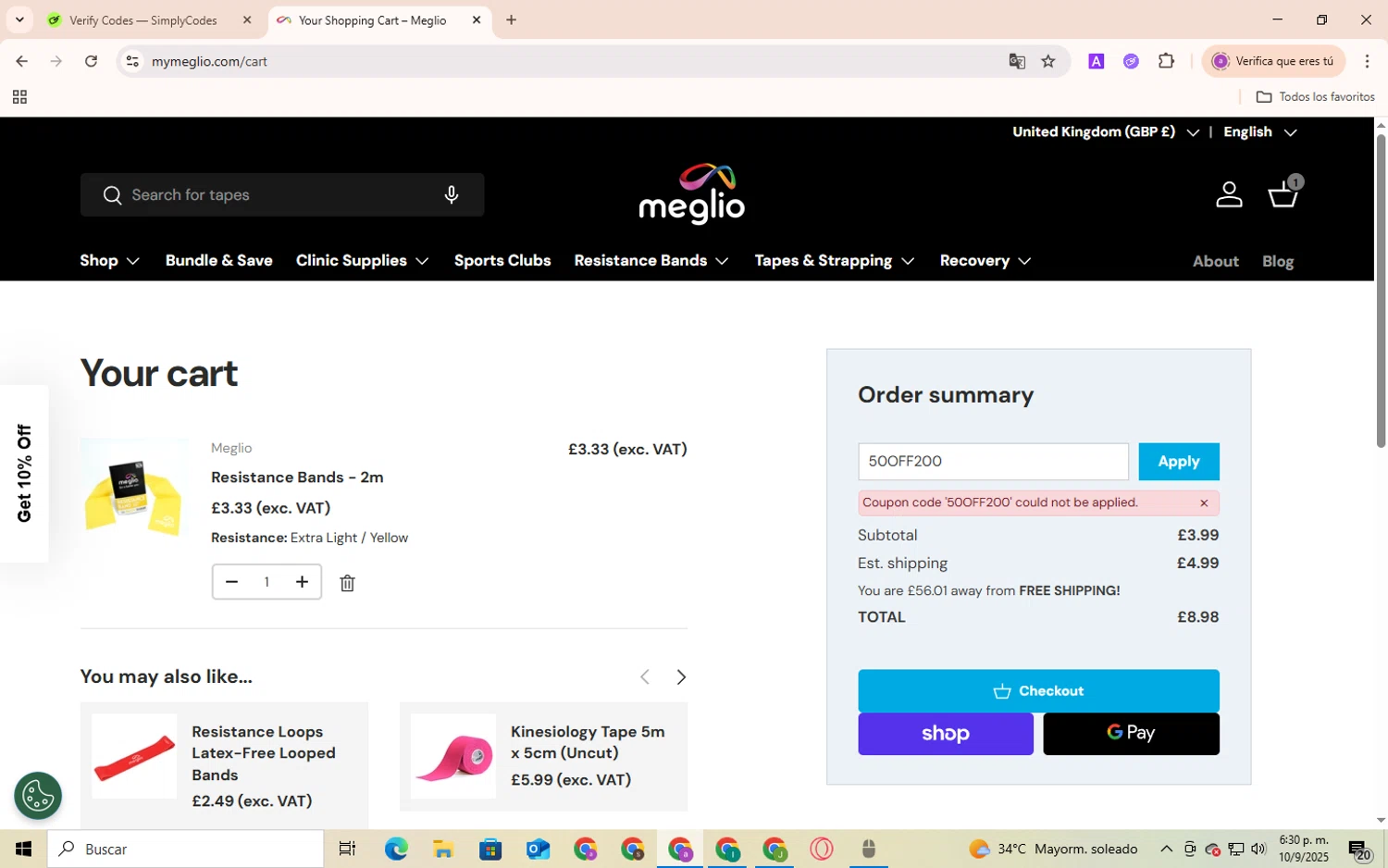 Meglio discount code screenshot showing code 50OFF200 applied at Meglio checkout page. Uploaded by SimplyCodes community member Andygar on Sep 10, 2025