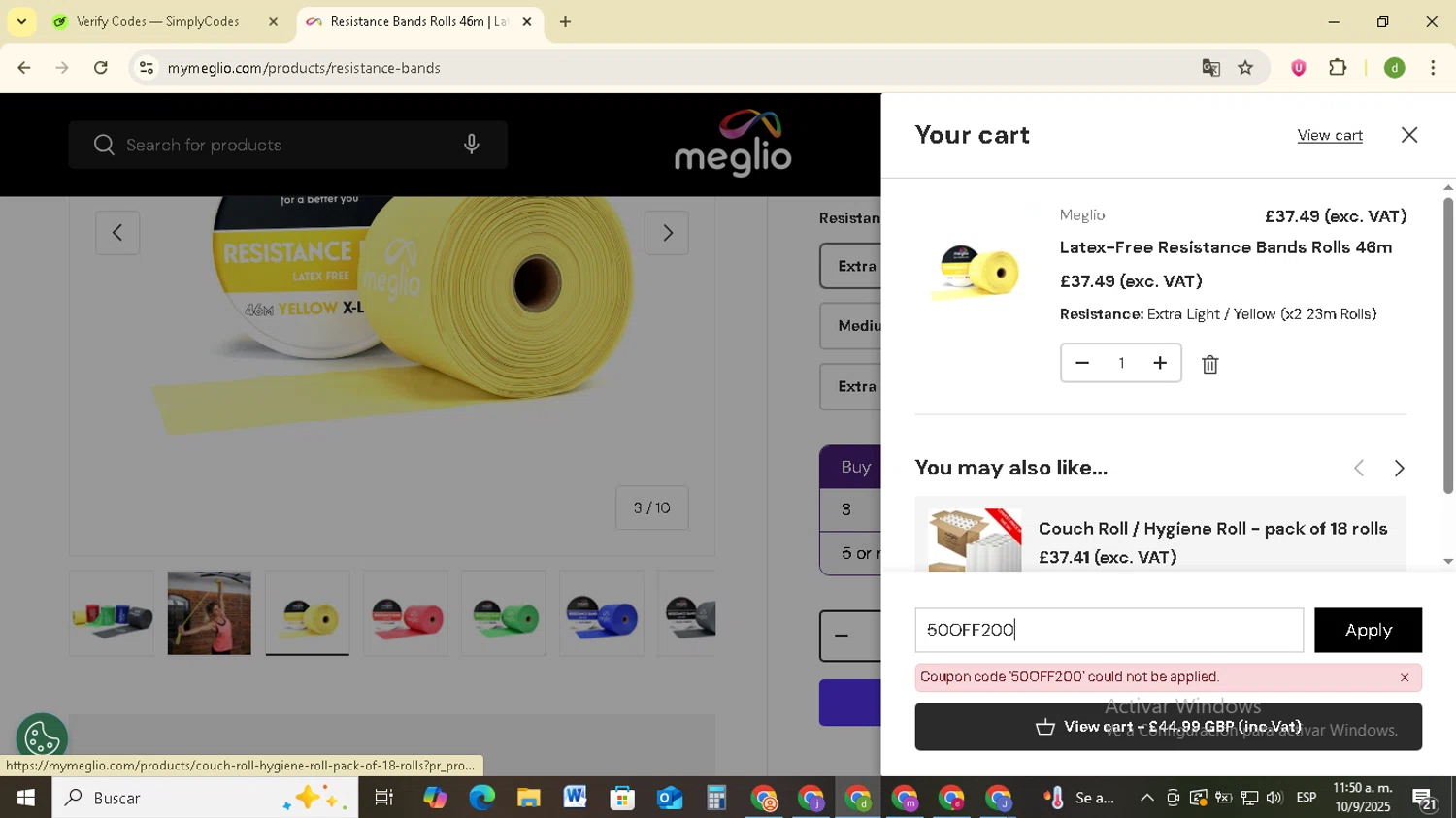 Meglio discount code screenshot showing code 50OFF200 applied at Meglio checkout page. Uploaded by SimplyCodes community member SavingsSentinel833 on Sep 10, 2025
