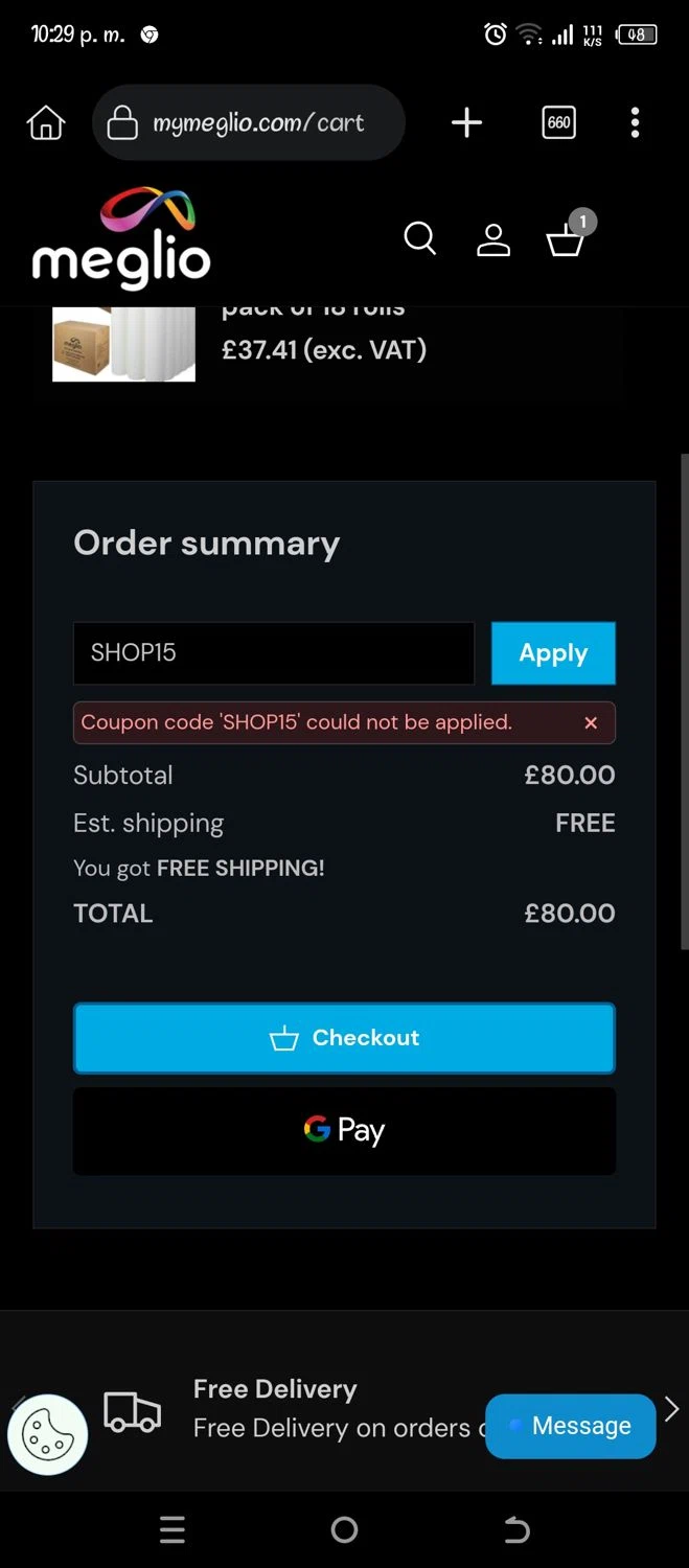 Meglio discount code screenshot showing code SHOP15 applied at Meglio checkout page. Uploaded by SimplyCodes community member Pipina11 on May 4, 2025