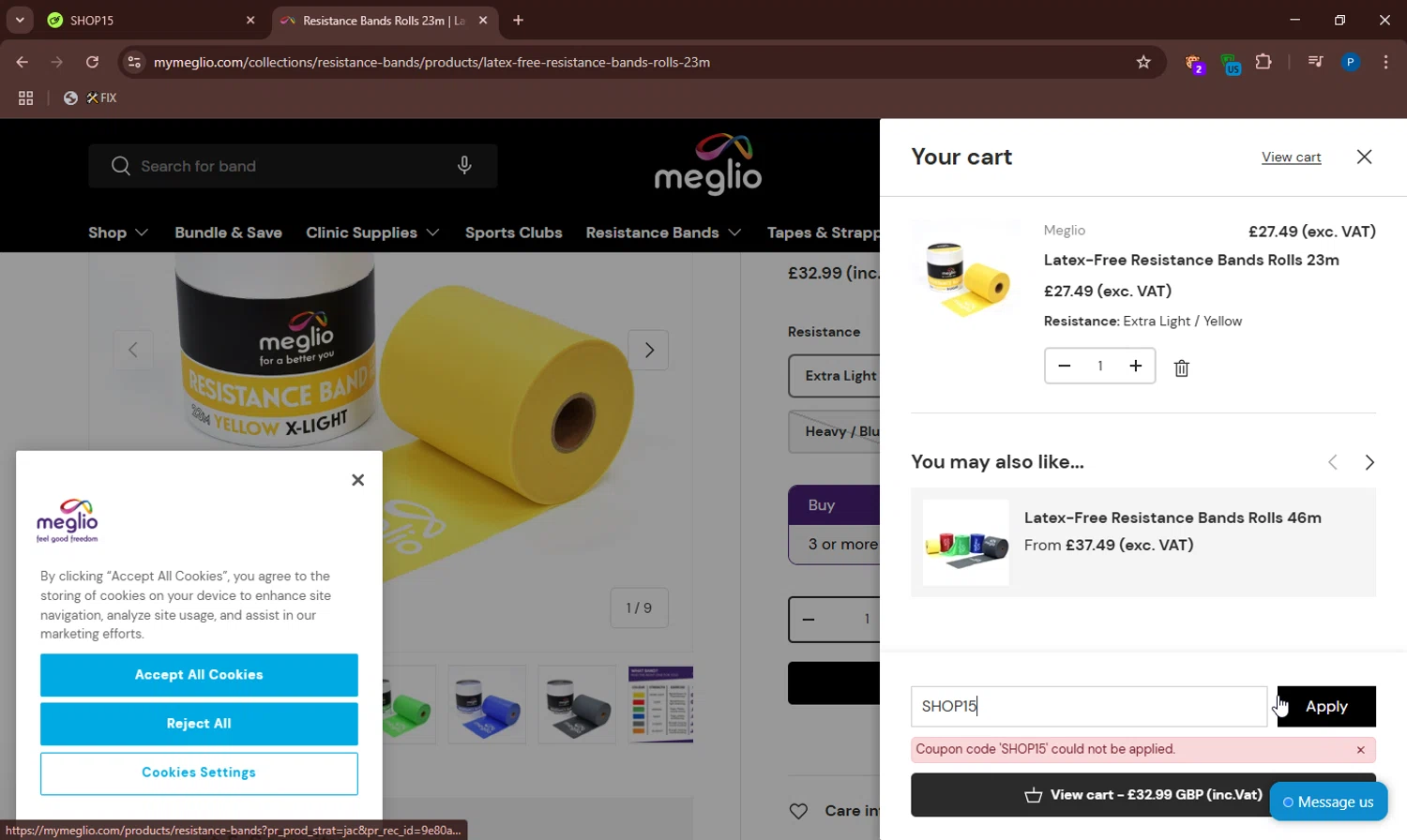 Meglio discount code screenshot showing code SHOP15 applied at Meglio checkout page. Uploaded by SimplyCodes community member CodeTitan6120 on May 4, 2025