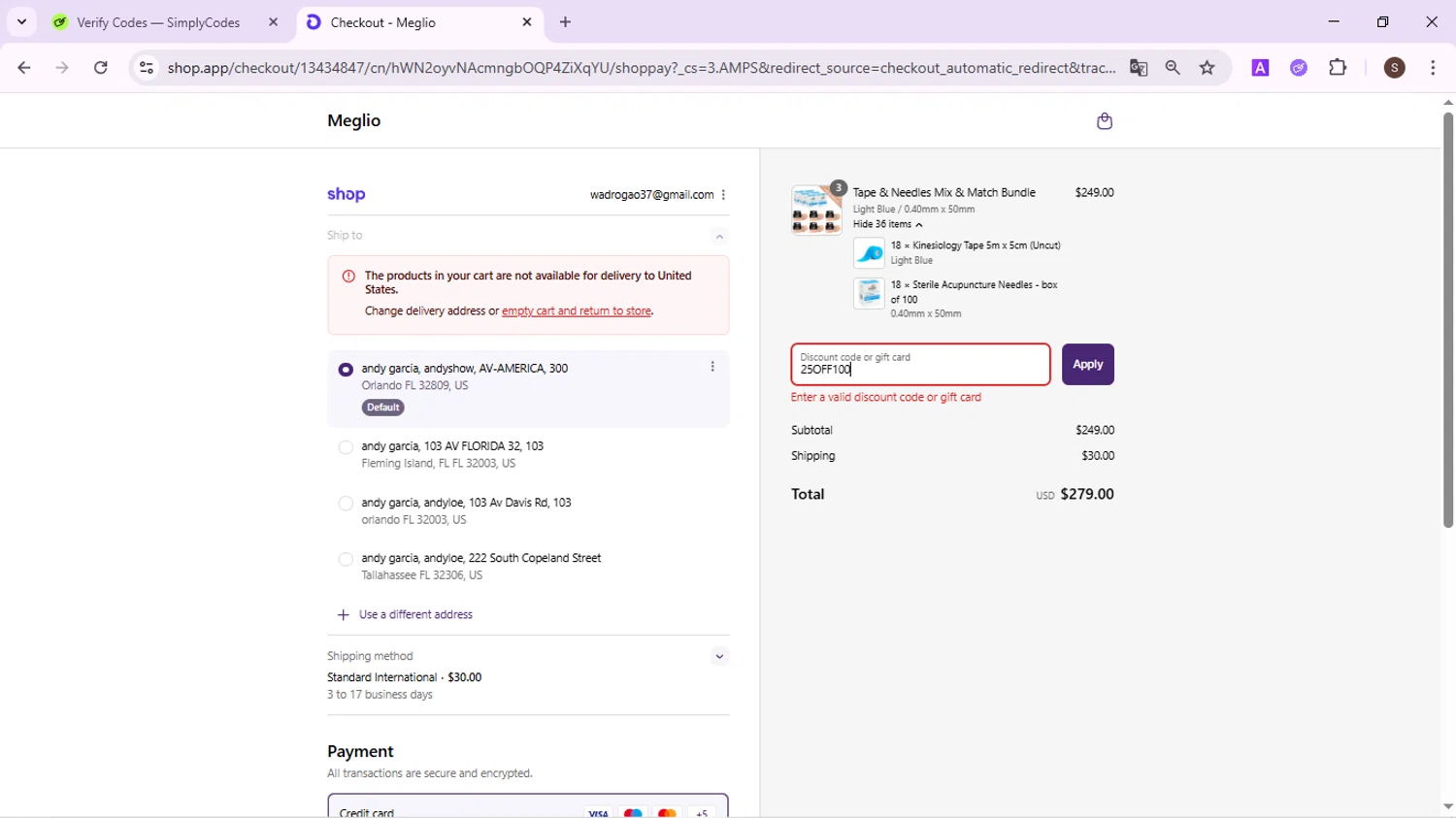 Meglio discount code screenshot showing code 25OFF100 applied at Meglio checkout page. Uploaded by SimplyCodes community member QuestPhoenix2794 on Sep 10, 2025