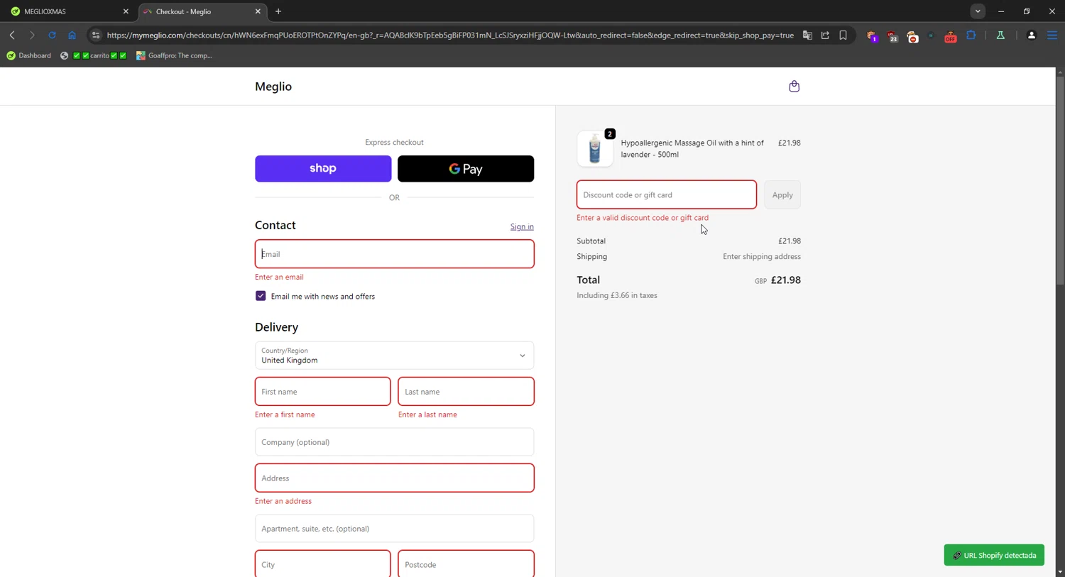 Meglio discount code screenshot showing code MEGLIOXMAS applied at Meglio checkout page. Uploaded by SimplyCodes community member Mriko_Kien_lo_lea on Dec 20, 2025